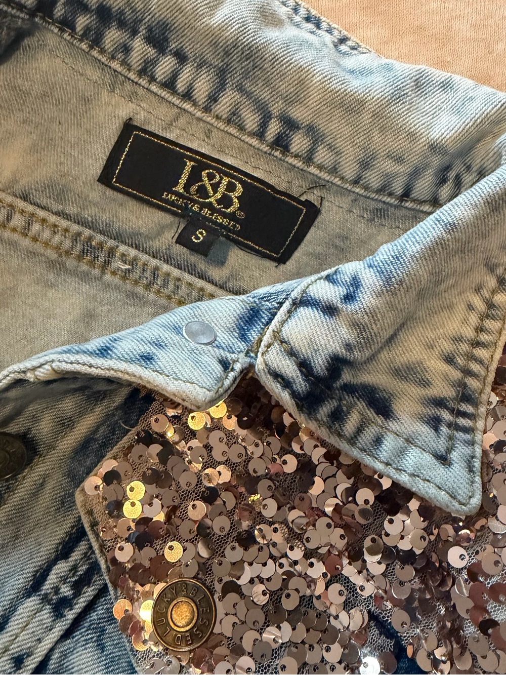 Kids Distressed Denim Jacket with Rose Gold Sequin Accents - Picture 3 of 4